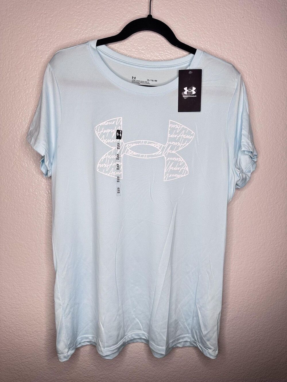 NEW Under Armour Shirt Womens XL Blue Tech Script Logo Short Sleeve Relaxed Fit